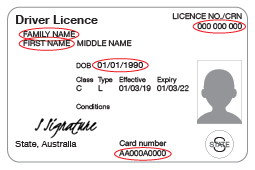 Image of the front of a Queensland driver's licence highlighting where to locate family name, first name, licence number and date of birth.