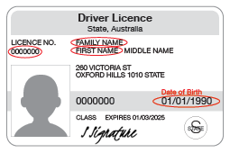 Image of the front of a Tasmania driver's licence highlighting where to locate family name, first name, licence number and date of birth.