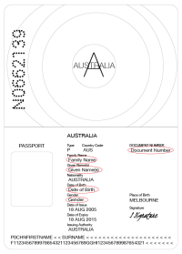 Example of Australian Passport with key information locations highlighted in red.